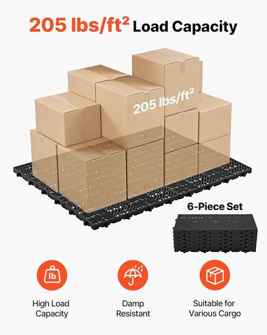 VEVOR Plastic Pallets, 6 Pcs Plastic Pallets for Basement Storage, Nestable Lightweight Waterproof Storage Pad with Breathable Grid for Indoor Outdoor Supermarket Warehouse, 23.6"x11.8"x1.2", Black in Kuwait