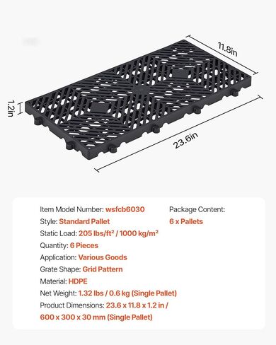 VEVOR Plastic Pallets, 6 Pcs Plastic Pallets for Basement Storage, Nestable Lightweight Waterproof Storage Pad with Breathable Grid for Indoor Outdoor Supermarket Warehouse, 23.6"x11.8"x1.2", Black in Kuwait