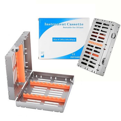 Stainless Autoclave Sterilization Cassette Box Tray for 10 Dental Instruments Button Type with Removable Silicone Orange in Kuwait