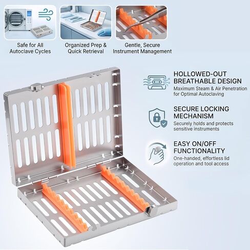 Stainless Autoclave Sterilization Cassette Box Tray for 10 Dental Instruments Button Type with Removable Silicone Orange in Kuwait