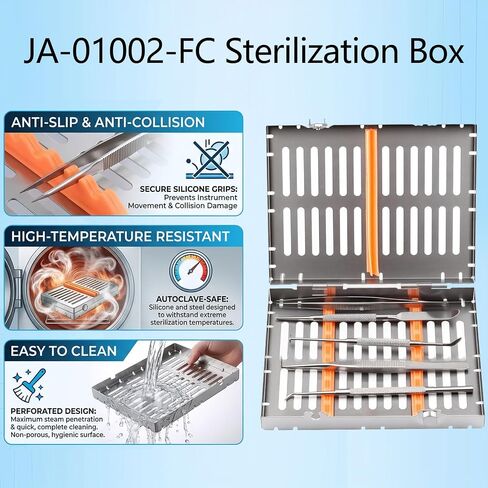 Stainless Autoclave Sterilization Cassette Box Tray for 10 Dental Instruments Button Type with Removable Silicone Orange in Kuwait
