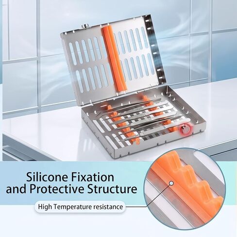 Stainless Autoclave Sterilization Cassette Box Tray for 10 Dental Instruments Button Type with Removable Silicone Orange in Kuwait