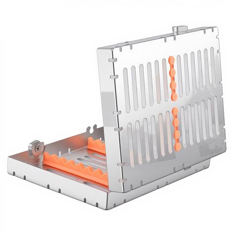 Stainless Autoclave Sterilization Cassette Box Tray for 10 Dental Instruments Button Type with Removable Silicone Orange in Kuwait