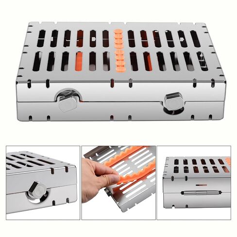 Stainless Autoclave Sterilization Cassette Box Tray for 10 Dental Instruments Button Type with Removable Silicone Orange in Kuwait