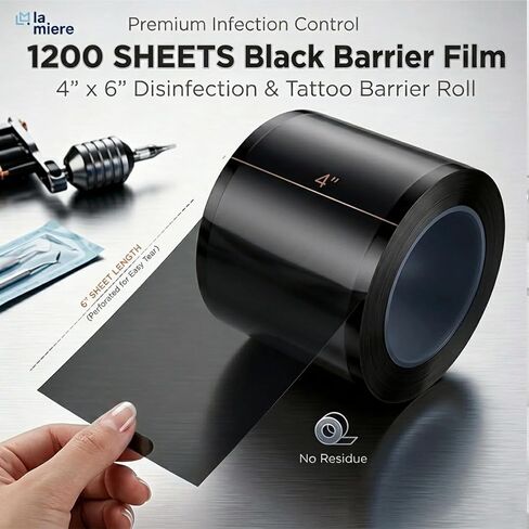 LA MIERE Black Dental Barrier Film Roll 4"×6" – One-Sided Adhesive with Finger Lift Edge, Easy Peel No Residue, 1200 Perforated Sheets for Dental Tattoo in Saudi Arabia