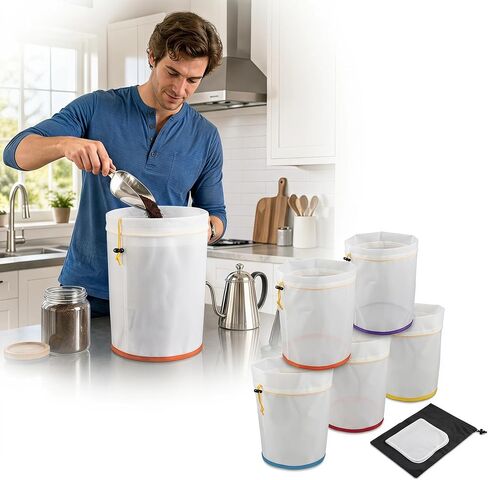 5 Gallon Nylon Mesh Filter Bags, 5-Pack 5-Color 25-220 Micron Reusable Strainer Bags with Drawstring, Multi-Purpose Filtration Bags for Hydroponics, Gardening, Industrial, Craft Beer, Coffee in Kuwait