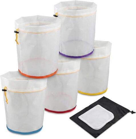 5 Gallon Nylon Mesh Filter Bags, 5-Pack 5-Color 25-220 Micron Reusable Strainer Bags with Drawstring, Multi-Purpose Filtration Bags for Hydroponics, Gardening, Industrial, Craft Beer, Coffee in Kuwait