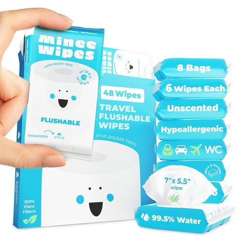 Impossibly Compact Travel Flushable Wipes - 99.5% Water and Aloe - Safe for Sensitive Skin & Hypoallergenic - Travel Essentials for Adults & Kids, Unscented, 8 Pack 48 Wipes in Saudi Arabia