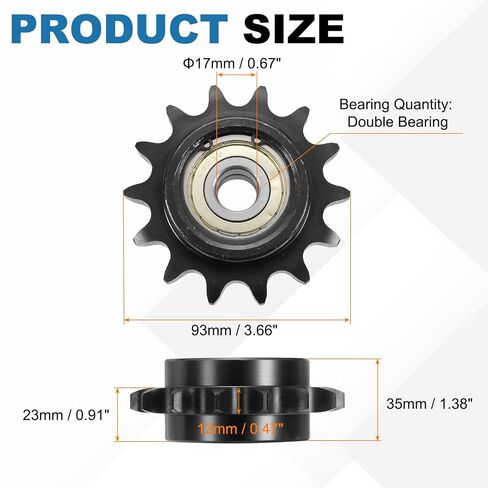 uxcell #60 Roller Chain Idler Sprocket, Type C 17mm Bore 3/4" Pitch 14 Tooth Tensioner with Double Bearing, Black Oxide Finished 1045 Steel for ANSI #60 (DIN/ISO 12A) Chains in Kuwait