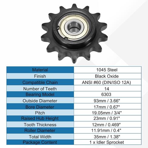 uxcell #60 Roller Chain Idler Sprocket, Type C 17mm Bore 3/4" Pitch 14 Tooth Tensioner with Double Bearing, Black Oxide Finished 1045 Steel for ANSI #60 (DIN/ISO 12A) Chains in Kuwait