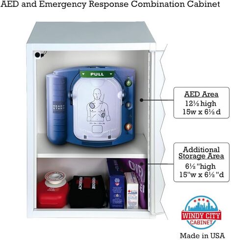 Automated External Defibrillator AED Cabinet with Alarm (9V Battery Not Included) & First Aid Kit Storage | Wall Mount Compatible, Steel | for Home, School, Business, Gym | AED Not Included in Kuwait