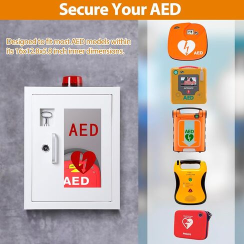 خزانة مزيل الرجفان AED مع إنذار للمنزل والمستشفى والمكتب | خزانة طبية AED مثبتة على الحائط مع قفل تناسب جميع العلامات التجارية AED مزيل الرجفان 12.8 x 6.7 x 16.1 بوصة in Kuwait