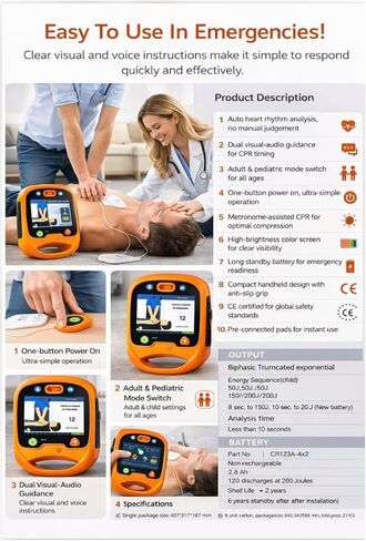 FILIXTRUE™ Automated External Defibrillator AED, Orange, Portable Emergency Device with Display Screen in Kuwait