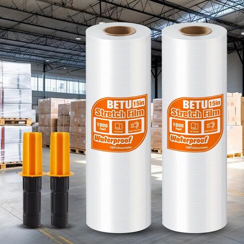Stretch Film Shrink Wrap for Moving Supplies (15inch, 2 Pack) x 1000ft, Industrial Strength Plastic Wrap Stretch Roll for Pallet Wrapping Shipping Moving Boxes Storage Furniture with Handles, Clear in Kuwait