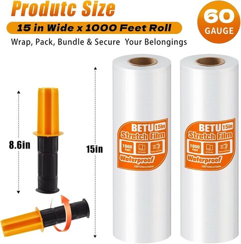 Stretch Film Shrink Wrap for Moving Supplies (15inch, 2 Pack) x 1000ft, Industrial Strength Plastic Wrap Stretch Roll for Pallet Wrapping Shipping Moving Boxes Storage Furniture with Handles, Clear in Kuwait