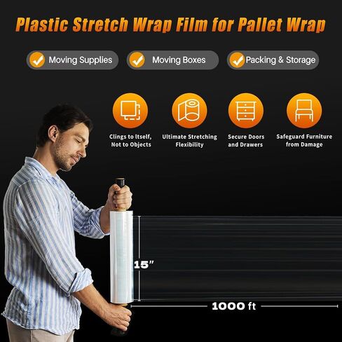 Stretch Film Shrink Wrap for Moving Supplies (15inch, 2 Pack) x 1000ft, Industrial Strength Plastic Wrap Stretch Roll for Pallet Wrapping Shipping Moving Boxes Storage Furniture with Handles, Clear in Kuwait
