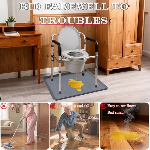 Bedside Commodes Mat, 27''×27'' Bedside Toilet Floor Mat with Raised Edge, Silicone Non-Slip Protective Mat for Under Commode Chair, Toilet Pad Waterproof Floor Protector for Floor Leak Protector in Kuwait