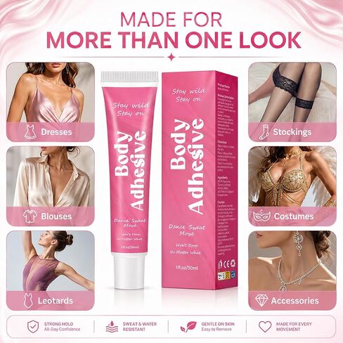 Body Adhesive Glue for Clothes and Skin, 30ml Liquid Body Adhesive, Sweat-Resistant Washable Clothing Glue, Fashion Tape Alternative for Dresses, Bras, Wigs, Costumes, Leotards, Socks and Stockings in Kuwait