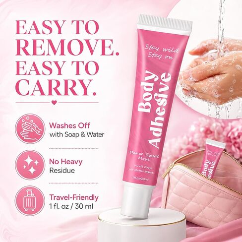 Body Adhesive Glue for Clothes and Skin, 30ml Liquid Body Adhesive, Sweat-Resistant Washable Clothing Glue, Fashion Tape Alternative for Dresses, Bras, Wigs, Costumes, Leotards, Socks and Stockings in Kuwait
