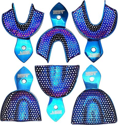 ARTMAN Instruments Dental Impression Trays – Plasma-Coated Metallic Blue Set of 6 Stainless Steel, Perforated, Autoclavable Trays (Small/Medium/Large – Upper & Lower) in Kuwait