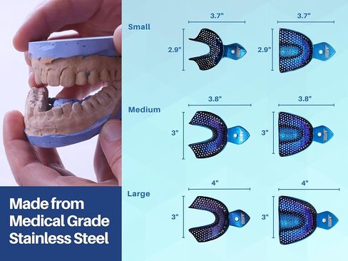 ARTMAN Instruments Dental Impression Trays – Plasma-Coated Metallic Blue Set of 6 Stainless Steel, Perforated, Autoclavable Trays (Small/Medium/Large – Upper & Lower) in Kuwait