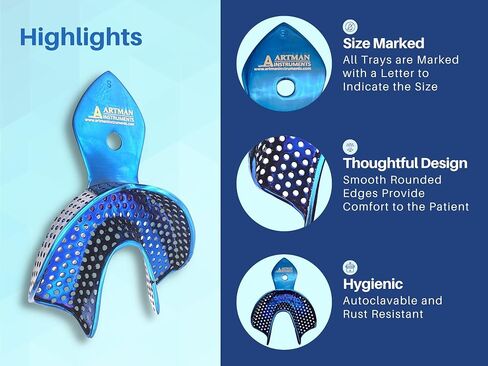 ARTMAN Instruments Dental Impression Trays – Plasma-Coated Metallic Blue Set of 6 Stainless Steel, Perforated, Autoclavable Trays (Small/Medium/Large – Upper & Lower) in Kuwait