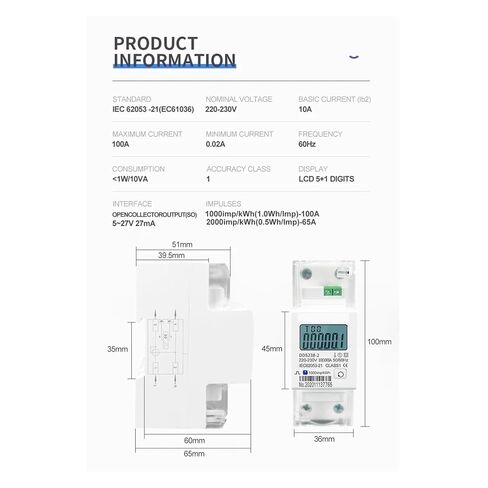 100A Bidirectional Single Phase kWh Meter, 230V DIN Rail, Import/Export in Kuwait