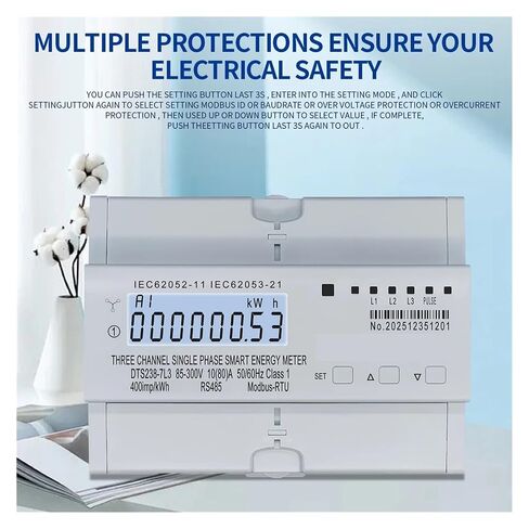 DTS238-7L3 DIN Rail 3-Circuit Single Phase kWh Meter, 80A 85-300V LCD RS485 in Kuwait
