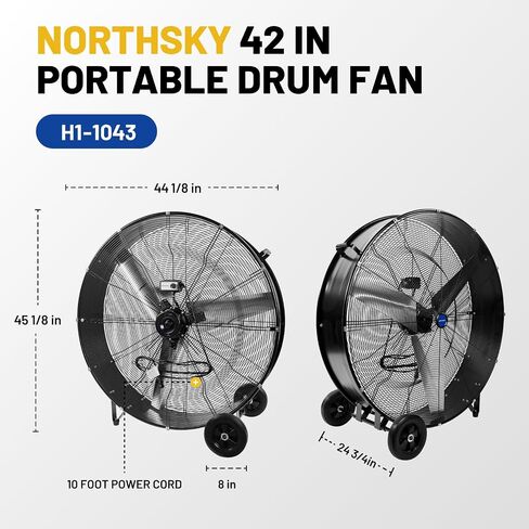 NORTHSKY 42 IN Drum Fan, MAX 30,000 CFM Shop Fan Heavy Duty, 2-Speed, 1/2 HP Powerful Motor, 8 IN Wheels, for Workshop, Factory, Warehouse, Garage, UL Listed in Kuwait