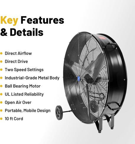 NORTHSKY 42 IN Drum Fan, MAX 30,000 CFM Shop Fan Heavy Duty, 2-Speed, 1/2 HP Powerful Motor, 8 IN Wheels, for Workshop, Factory, Warehouse, Garage, UL Listed in Kuwait
