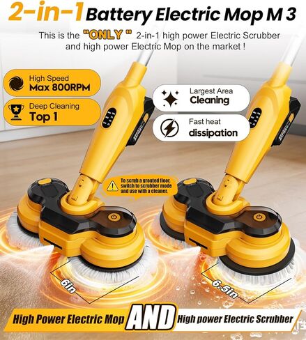 qimedo 6000mAh Battery Cordless Electric Mop M3 Pro, 800RPM Electric Power Scrubber & Mops for Floor Cleaning, Automatic Spin Mops with Smart Display,Rotating Mop with LED Light & Water Spray in Kuwait