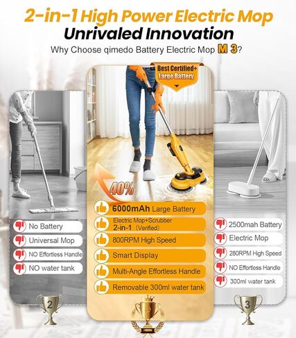 qimedo 6000mAh Battery Cordless Electric Mop M3 Pro, 800RPM Electric Power Scrubber & Mops for Floor Cleaning, Automatic Spin Mops with Smart Display,Rotating Mop with LED Light & Water Spray in Kuwait