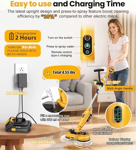 qimedo 6000mAh Battery Cordless Electric Mop M3 Pro, 800RPM Electric Power Scrubber & Mops for Floor Cleaning, Automatic Spin Mops with Smart Display,Rotating Mop with LED Light & Water Spray in Kuwait