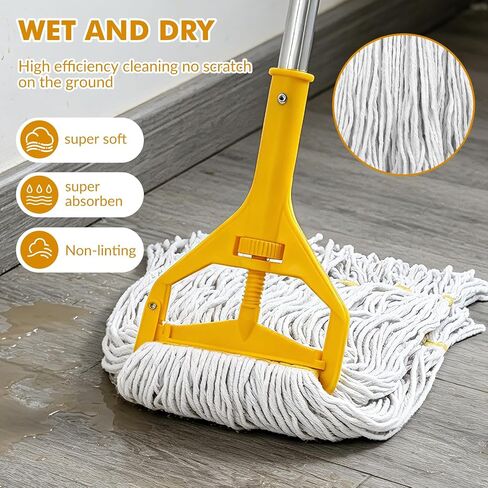 Commercial Mop Heavy Duty Industrial Mop- 3 Extra Large Cotton Looped Heads, 61" Aluminum Handle Mops for Concrete/Tile/Garage Floors-Home, Kitchen in Kuwait