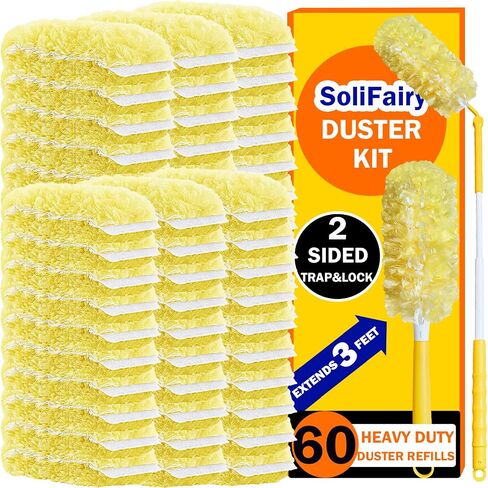 60 Heavy Duty Duster Refills for Swiffer Duster, 3 ft Extendable Handle + 1 Short Handle, Multisurface 360 Dusters kit for Dusting Furniture, Ceiling Fans, Blinds, Corners, Yellow in Kuwait