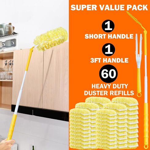 60 Heavy Duty Duster Refills for Swiffer Duster, 3 ft Extendable Handle + 1 Short Handle, Multisurface 360 Dusters kit for Dusting Furniture, Ceiling Fans, Blinds, Corners, Yellow in Kuwait
