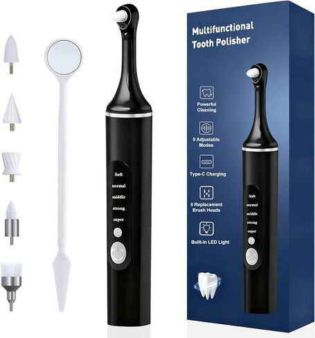 YOFOTHS Tooth Polisher, Rechargeable Teeth Polisher for Daily Cleaning, Whitening and Polishing, Electric Dental Teeth Polishing with LED Light, 6 Brush Heads, 5 Speed Modes, Waterproof in Kuwait