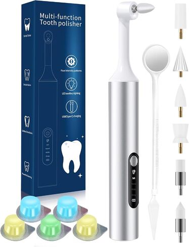 Tooth Polisher, Electric Rechargeable Teeth Polishing Kit with LED Auxiliary Light, 6 Brush Heads & 5 Polish Paste, 4 Modes, IPX6 Waterproof, Easy to Use Tooth Polishing Tool for Home（Sliver） in Kuwait