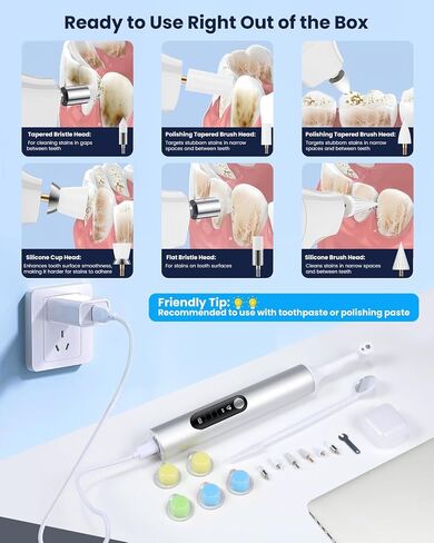 Tooth Polisher, Electric Rechargeable Teeth Polishing Kit with LED Auxiliary Light, 6 Brush Heads & 5 Polish Paste, 4 Modes, IPX6 Waterproof, Easy to Use Tooth Polishing Tool for Home（Sliver） in Saudi Arabia