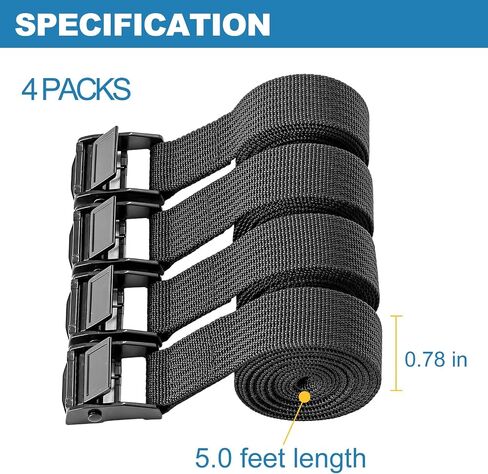 0.78" x5' Adjustable Cam Buckle Lashing Straps, Tie Down Straps for Cargo, Trucks, Luggage, Trailer, Motorcycle, 4 Pack, Black in Kuwait