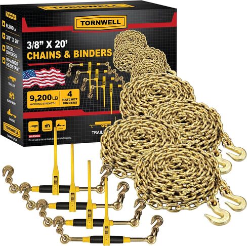 20ft Chain and Binder Kit 3/8in-1/2in, G70 Chains Ratchet Load Binders 9200lbs Working Strength, (4) Ratchet Binders and Chains, (4) 3/8in x 20ft G70, for Truck, Tie Down, Hauling, Towing in Kuwait