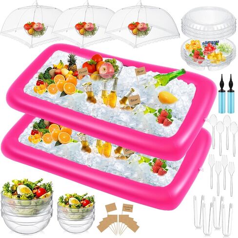 FillTouch 128 Pcs Inflatable Food Cooler Buffet, 2 Summer Inflatables Serving Bars 3 Food Cover 6 Salad Bowl 12 Servings Utensils 5 Appetizer Serving Trays 100 Labels(Pink,Classic) in Kuwait