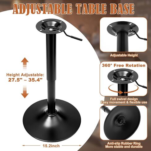 Height Adjustable Bar Table Base with Gas Lift and 360° Swivel, 27.5" to 35.4", 15" Round Cast Iron Pedestal Base Only for Pub Bistro Cafe Cocktail Kitchen Counter Home Bar Tables, 500 Lbs Capacity in Kuwait