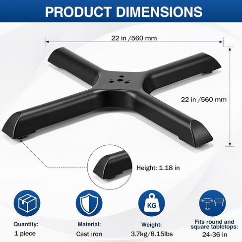 Sintuff 22" x 22" Commercial Restaurant Table Base, Black Cast Iron X-Base with Anti-Slip Feet, Heavy Duty Pedestal for 24-36" Round or Square Table Tops, Base Only in Kuwait
