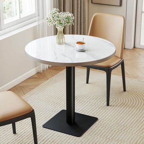 ZL ZELing 31.1" Commercial Round Dining Table, White Sintered Stone Top with Black Carbon Steel Pedestal Base, Heavy Duty Restaurant & Cafe Bistro Table for Indoor & Commercial Use in Kuwait