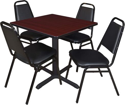 Romig Pillar Small 30 in. Square X-Base Breakroom Table- Mahogany & 4 Restaurant Stack Chairs- Black in Kuwait