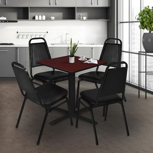 Romig Pillar Small 30 in. Square X-Base Breakroom Table- Mahogany & 4 Restaurant Stack Chairs- Black in Kuwait