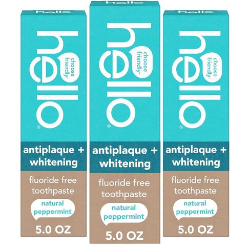 Hello Antiplaque and Whitening Fluoride Free Toothpaste, 5 Oz Tube, Whitening Toothpaste with Natural Peppermint Flavor and Tea Tree Oil, Crushes Tartar and Helps Remove Surface Stains, 3 Pack in Kuwait