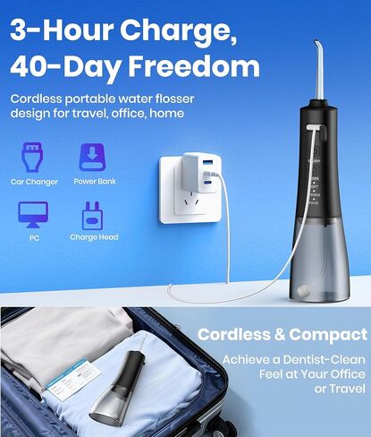 Water Flosser, 300ML Portable Cordless Water Dental Flossers for Teeth Deep Cleaning, IPX7 Waterproof Rechargeable Electric Oral Irrigator Teeth Pick for Travel Home Use and Braces Care in Kuwait