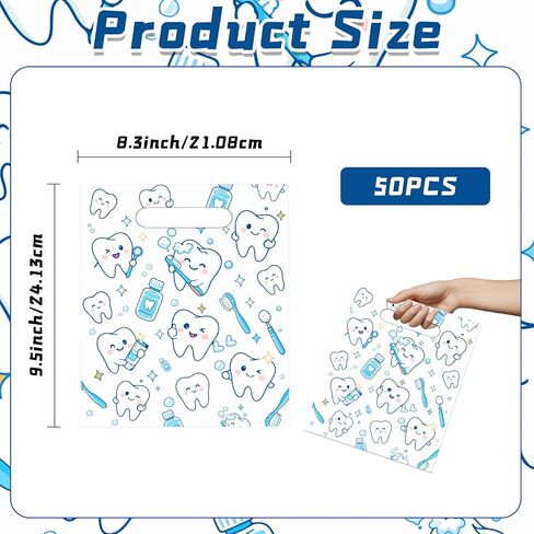 50 Pcs Tooth Merchandise Bags with Handles, 8.3x9.5 Inches Plastic Dental Bags Patients, Goodie Treat Sacks Bulk Dentist Clinic Office, Appreciation Gifts, Dental Hygiene Graduation Party Favors in Kuwait